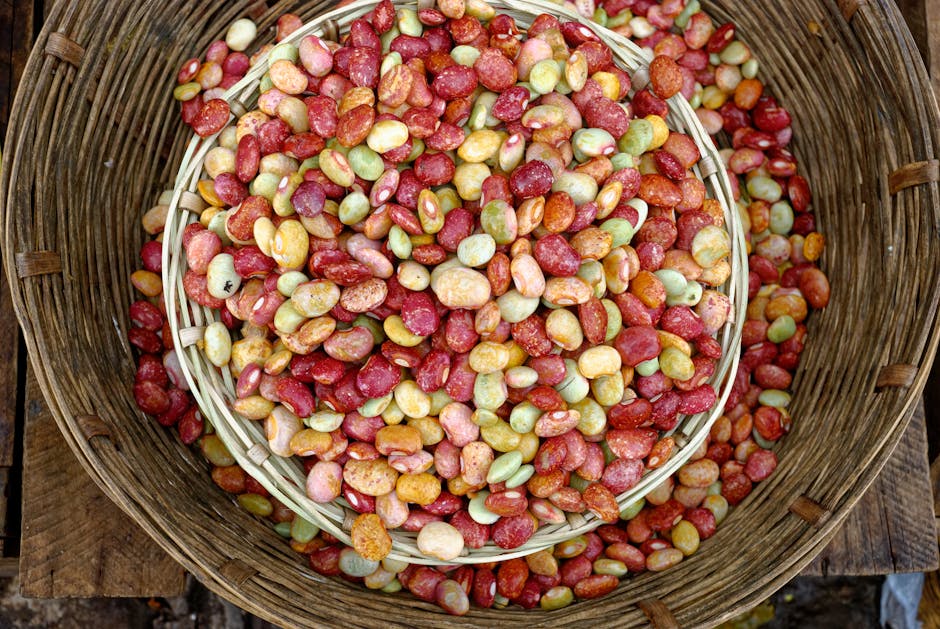 Vibrant mix of beans in a woven basket showcasing fresh harvest. Ideal for food and farming themes.